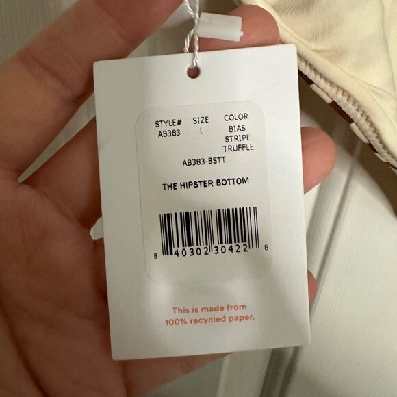 Andie Swim Hipster Bikini Bottom in Bias Stripe Truffle Brown Cream Size Large - Picture 5 of 7